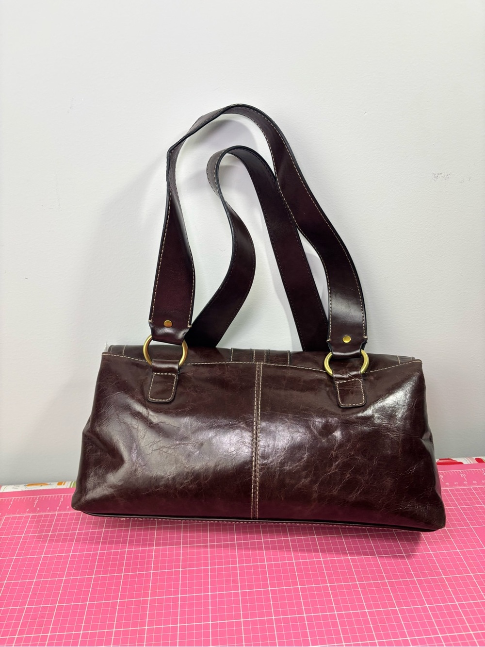 Vintage Y2K APT9 Womens Brown Leather Shoulder Bag Purse Handbag Dbl Handle Tote - Picture 5 of 16